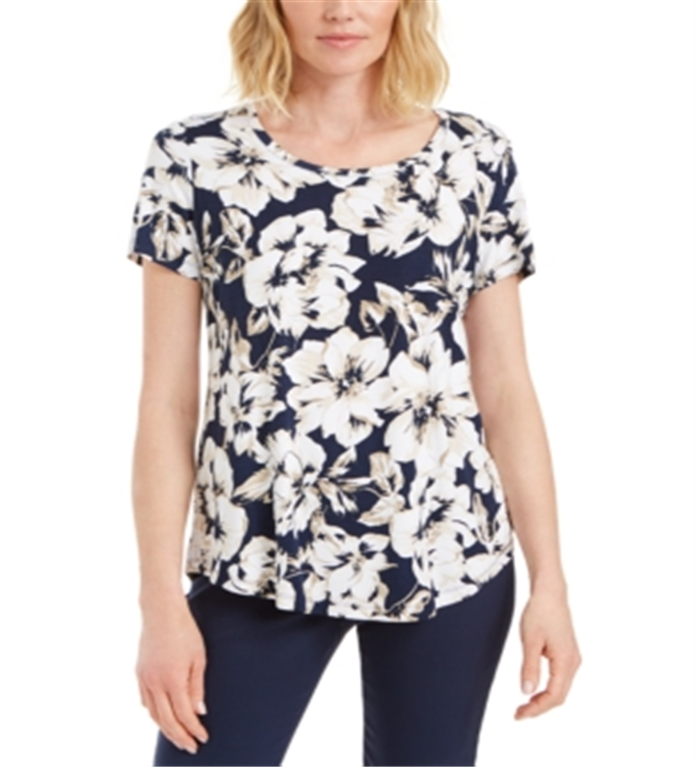 JM Collection Women's Floral Print Scoop Neck Top Blue Size X-Large