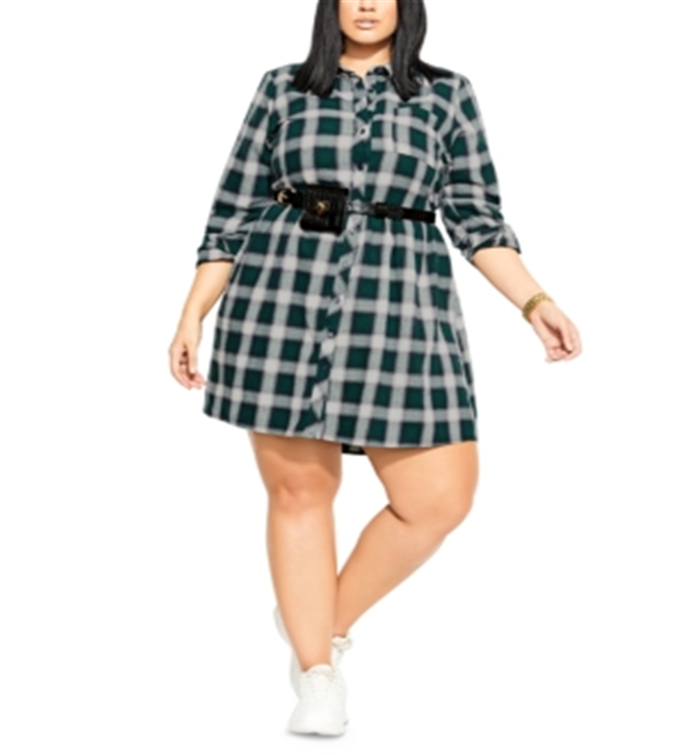 City Chic Women's Trendy Checkered Shirtdress Green Size Petite Small