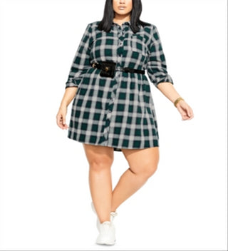 City Chic Women's Trendy Checkered Shirtdress Green Size Petite Small
