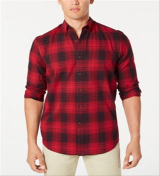 Club Room Men's Stretch Brushed Cotton Plaid Flannel Shirt Red Size Medium