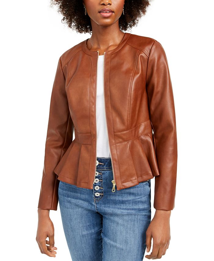 INC International Concepts Women's Faux Leather Peplum Jacket Brown Size Petite SM