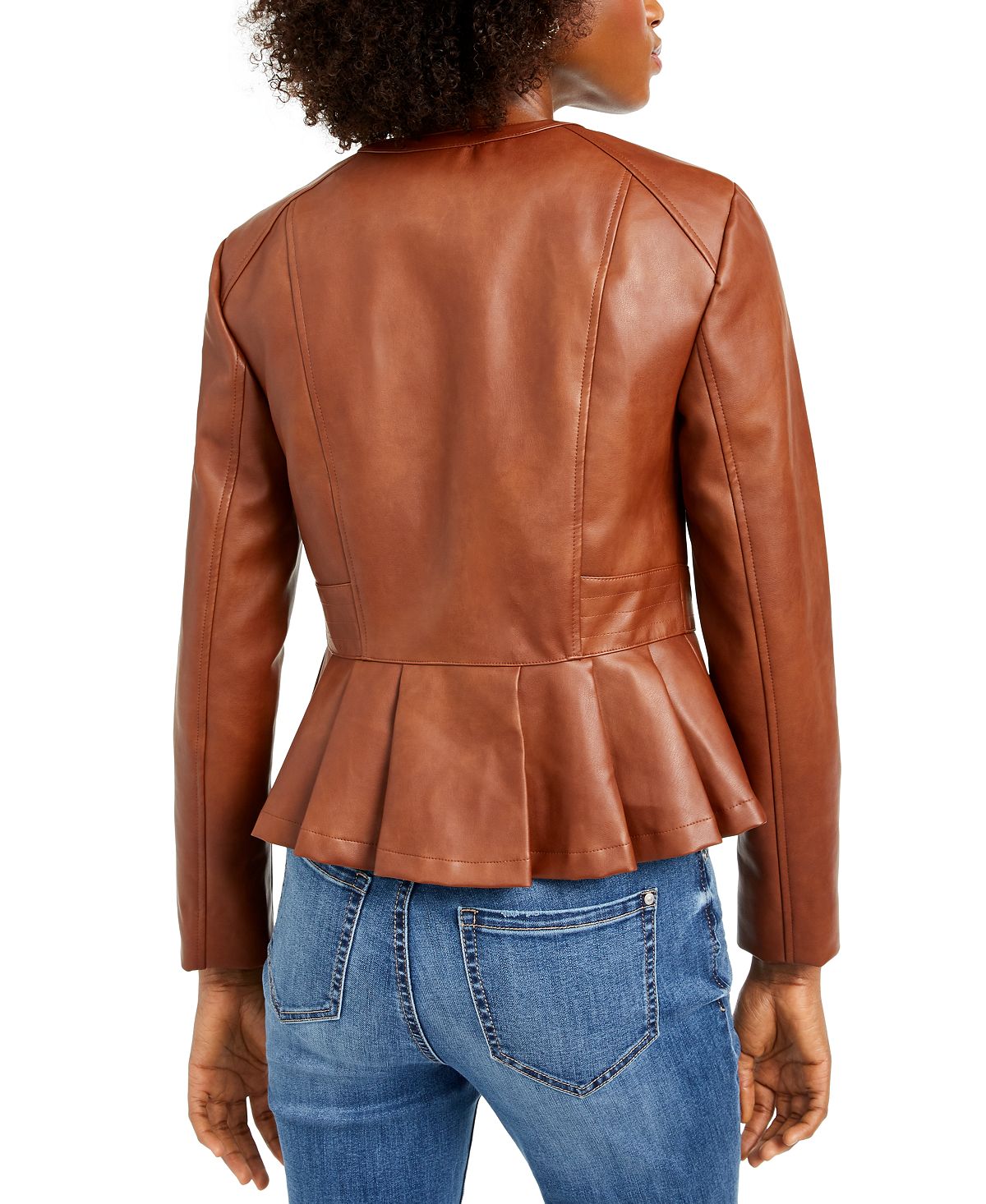 INC International Concepts Women's Faux Leather Peplum Jacket Brown Size Petite SM