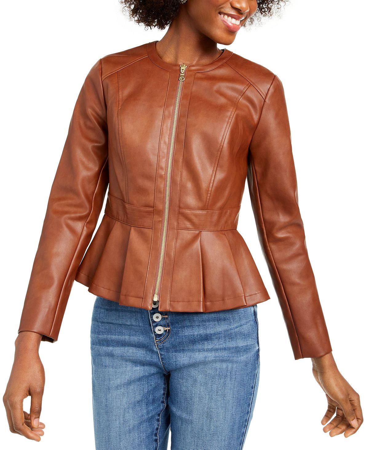 INC International Concepts Women's Faux Leather Peplum Jacket Brown Size Petite SM