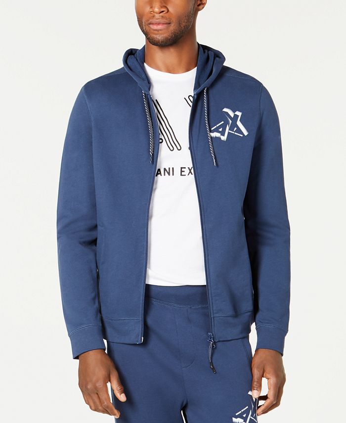 AX Armani Exchange Men's Zip Front Logo Hoodie Blue Size Large
