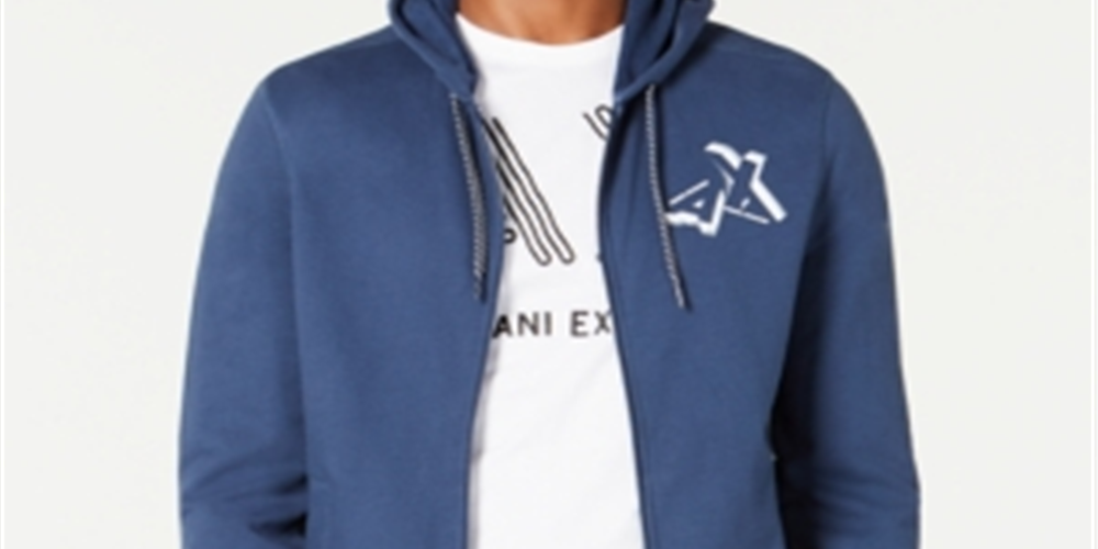 AX Armani Exchange Men's Zip Front Logo Hoodie Blue Size Large