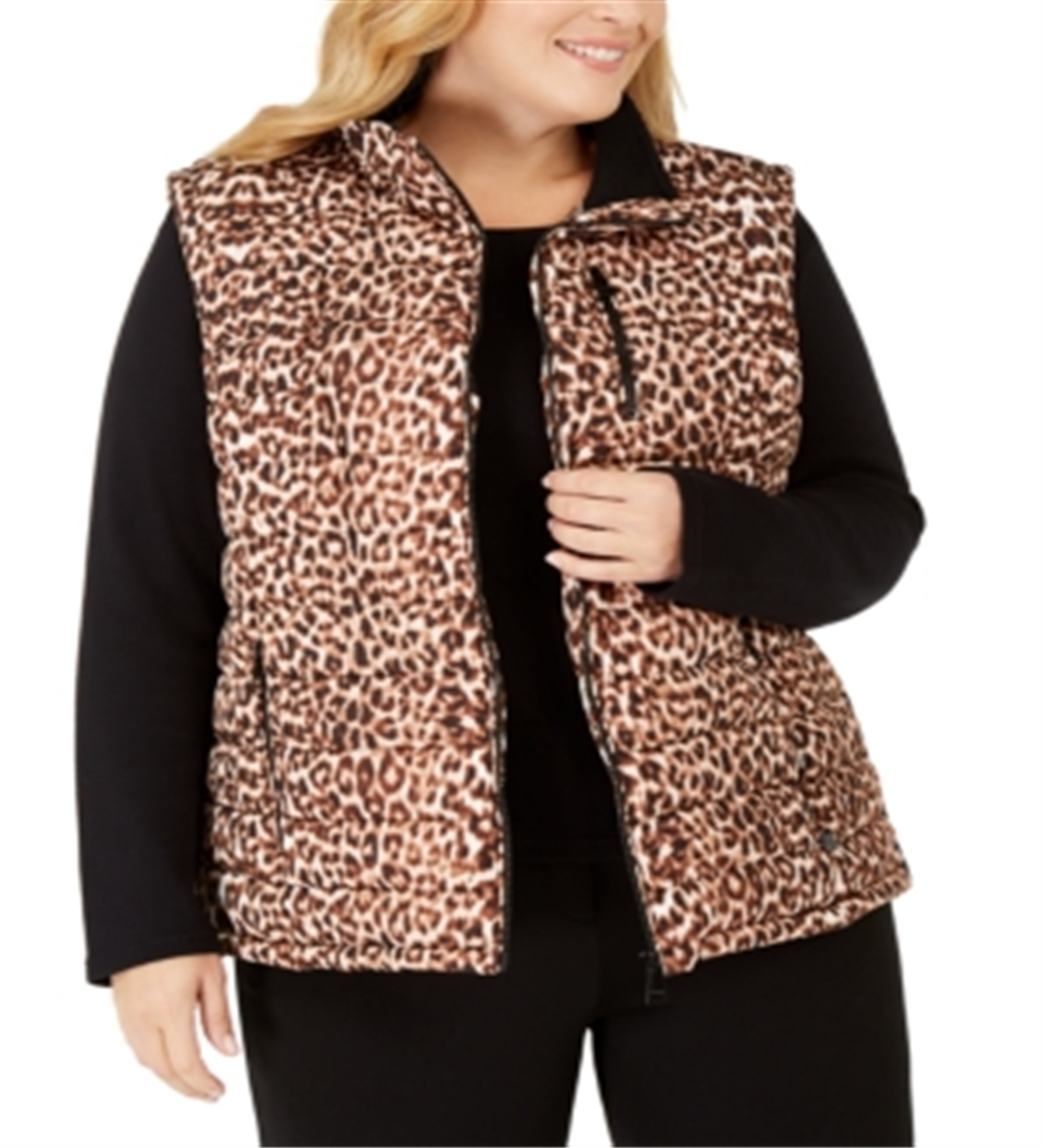 Calvin Klein Women's Plus Leopard Print Puffer Vest -Brown Size 0X