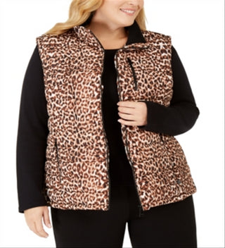 Calvin Klein Women's Plus Leopard Print Puffer Vest -Brown Size 0X