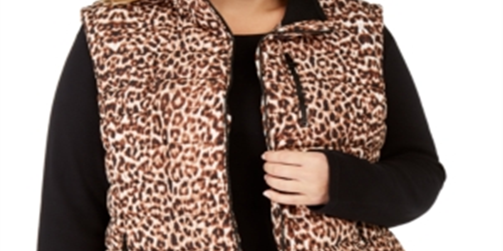 Calvin Klein Women's Plus Leopard Print Puffer Vest -Brown Size 0X
