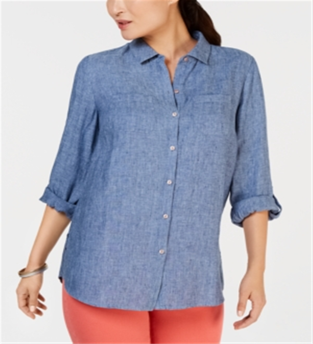 Charter Club Women's Linen Shirt Blue Size Large