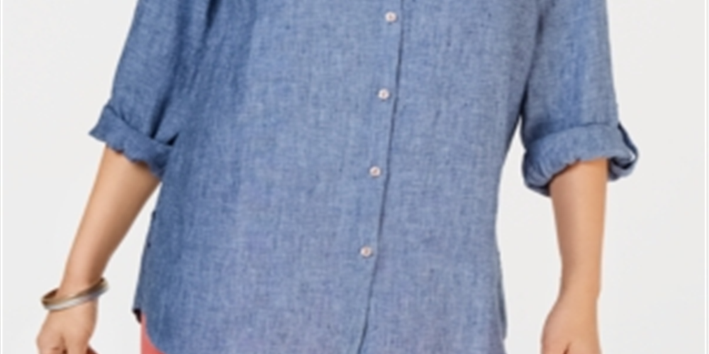 Charter Club Women's Linen Shirt Blue Size Large
