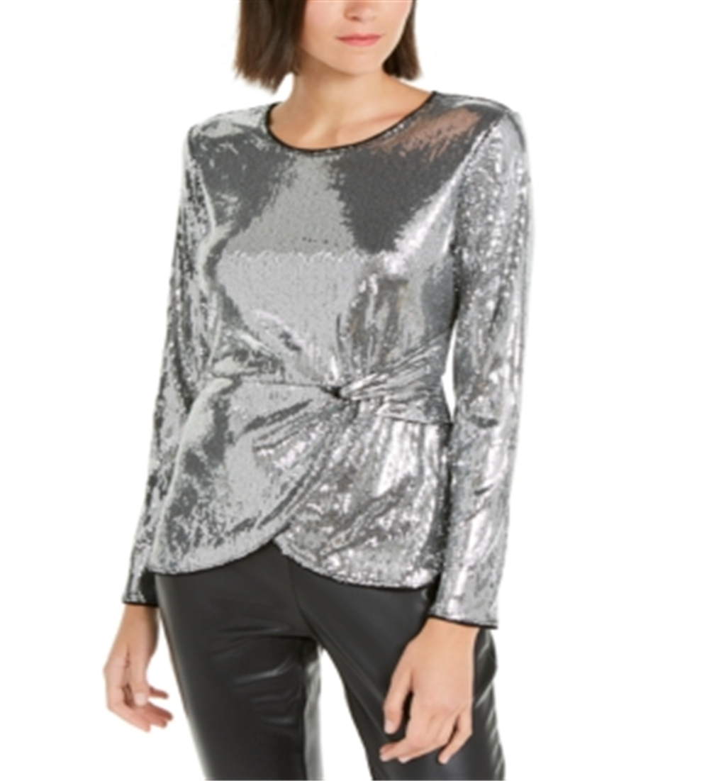 INC International Concepts Women's Twisted Sequined Top Silver Size X-Small