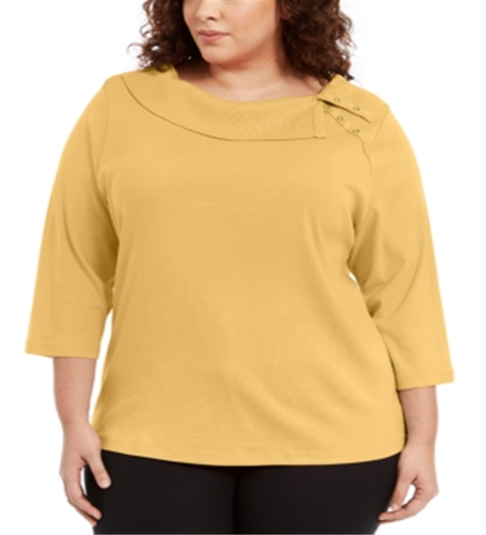 Karen Scott Women's Cotton Split Collar Knit Gold Size 0X