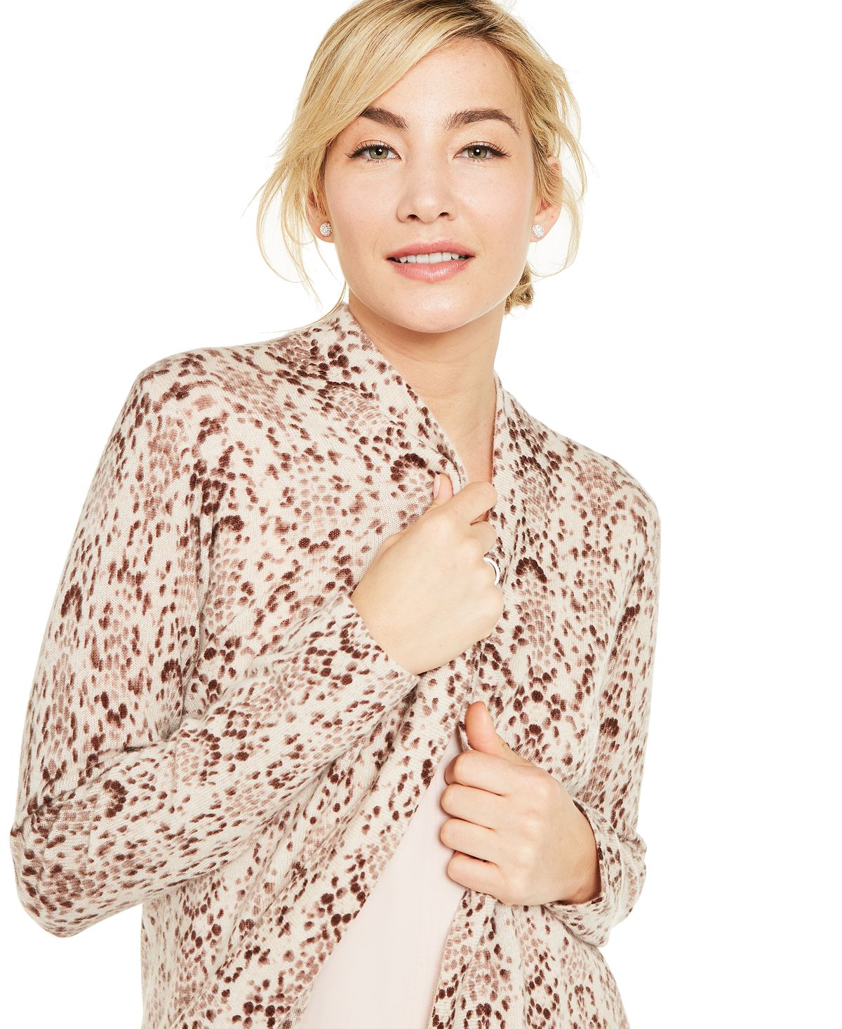 Charter Club Women's Snake Print Cashmere Cardigan Brown Size X-Large