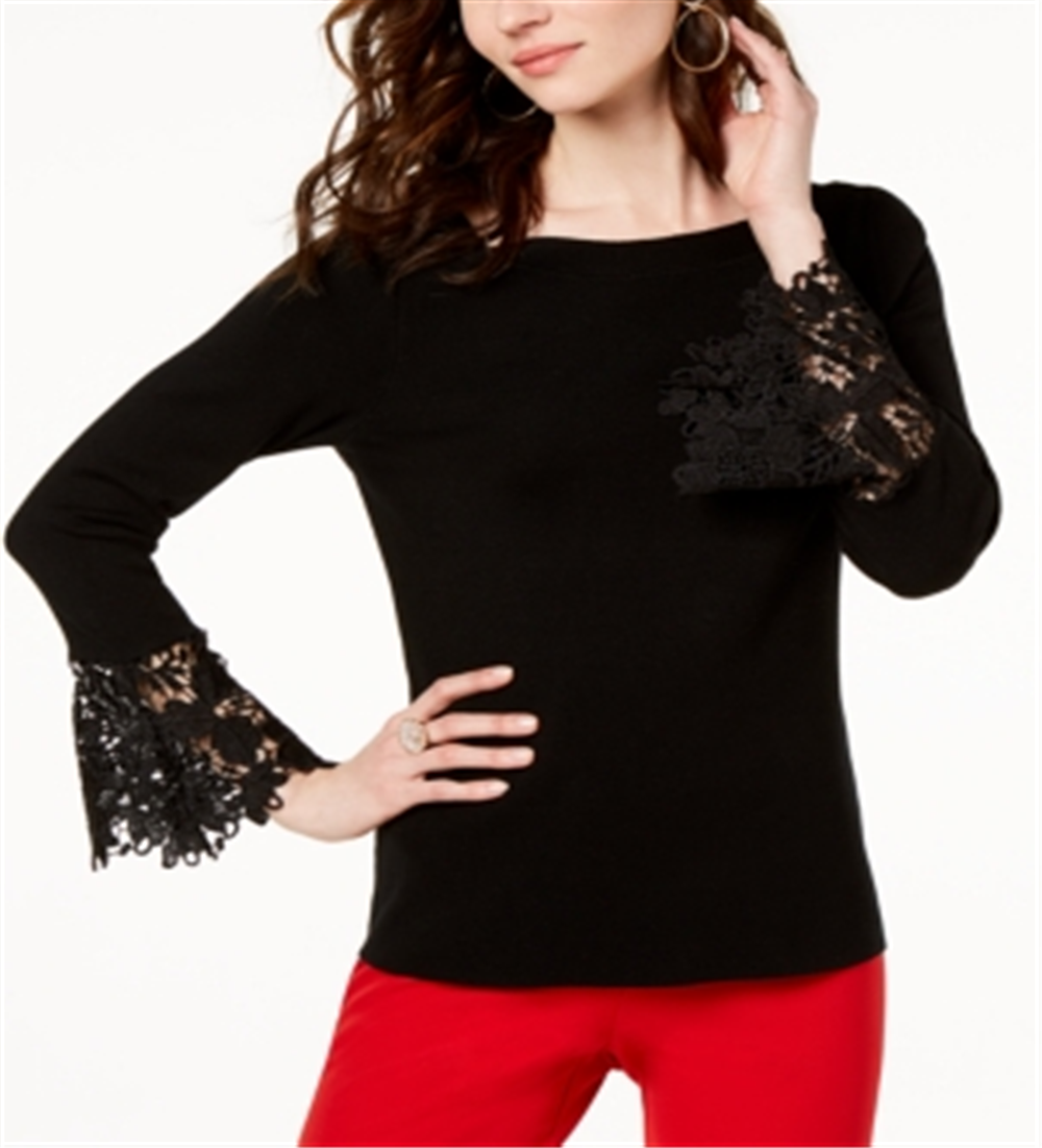 INC International Concepts Women's Lace Cuff Bell Sleeve Sweater Black Size X-Large