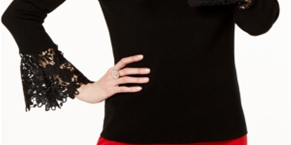 INC International Concepts Women's Lace Cuff Bell Sleeve Sweater Black Size X-Large