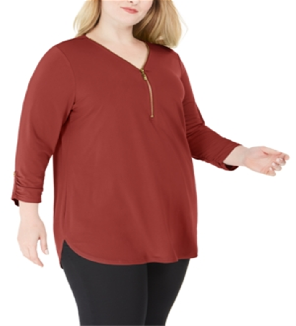 JM Collection Women's Plus Solid Zip Top Red Size 2X
