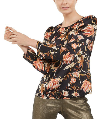 INC International Concepts Women's Floral Print Puff Sleeve Top Black Size Medium