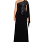 XSCAPE Women's One Shoulder Beaded Cape Gown Black Size 16W