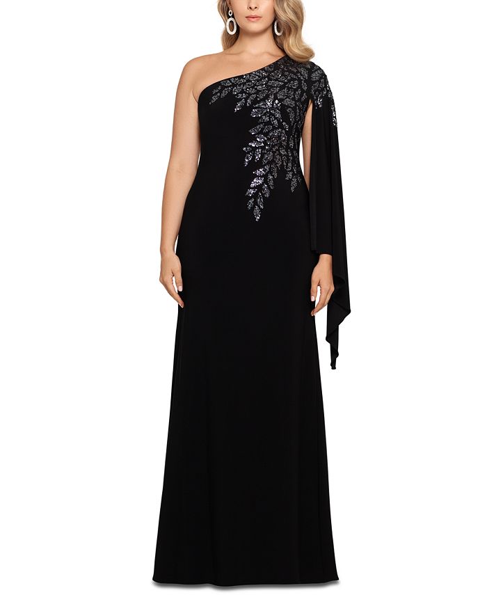XSCAPE Women's One Shoulder Beaded Cape Gown Black Size 16W