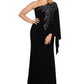 XSCAPE Women's One Shoulder Beaded Cape Gown Black Size 16W