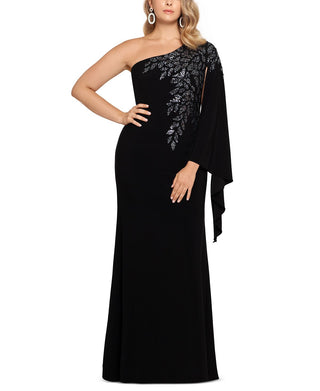 XSCAPE Women's One Shoulder Beaded Cape Gown Black Size 16W