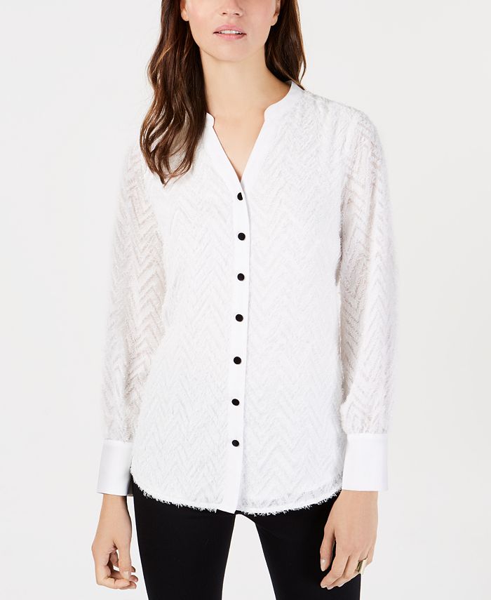 Alfani Women's Fringe Long Sleeves Button Down Top Brown Size X-Large