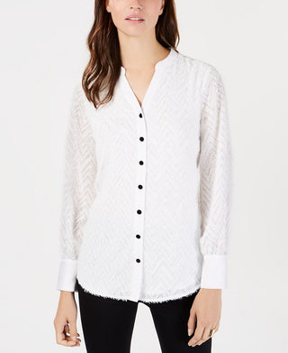 Alfani Women's Fringe Long Sleeves Button Down Top Brown Size X-Large