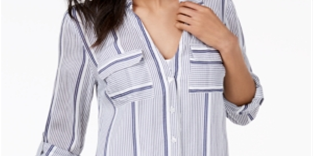 INC International Concepts Women's Striped Flap Pocket Shirt Blue Size X-Small