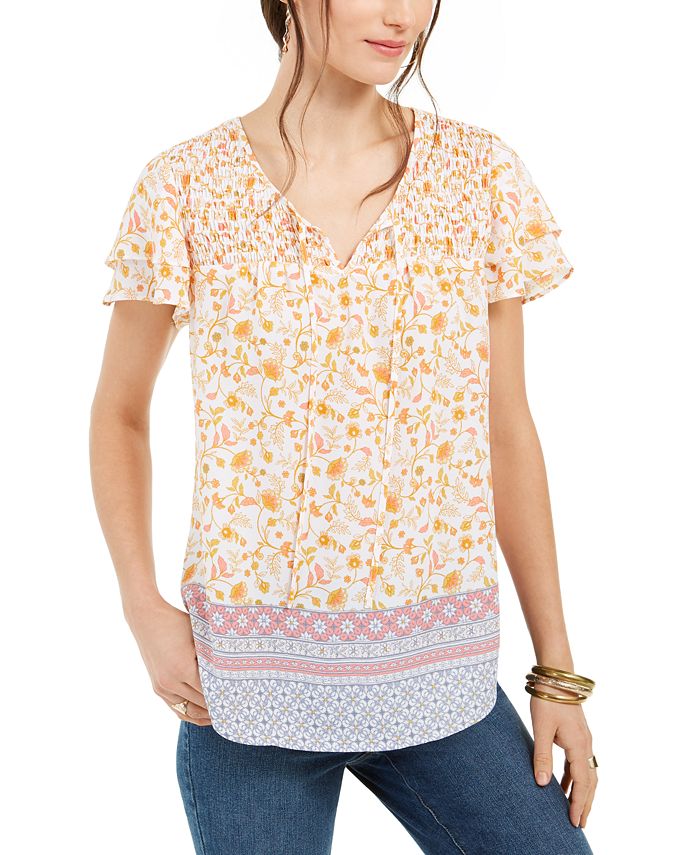 Style & Co Women's Smocked Split Neck Top Yellow Size Medium