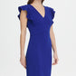 DKNY Women's V Neck Ruffle Cap Sleeve Sheath Dress Blue Size 16