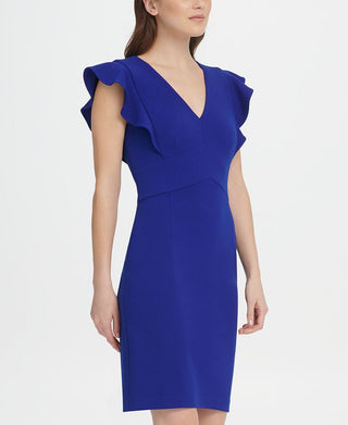 DKNY Women's V Neck Ruffle Cap Sleeve Sheath Dress Blue Size 16
