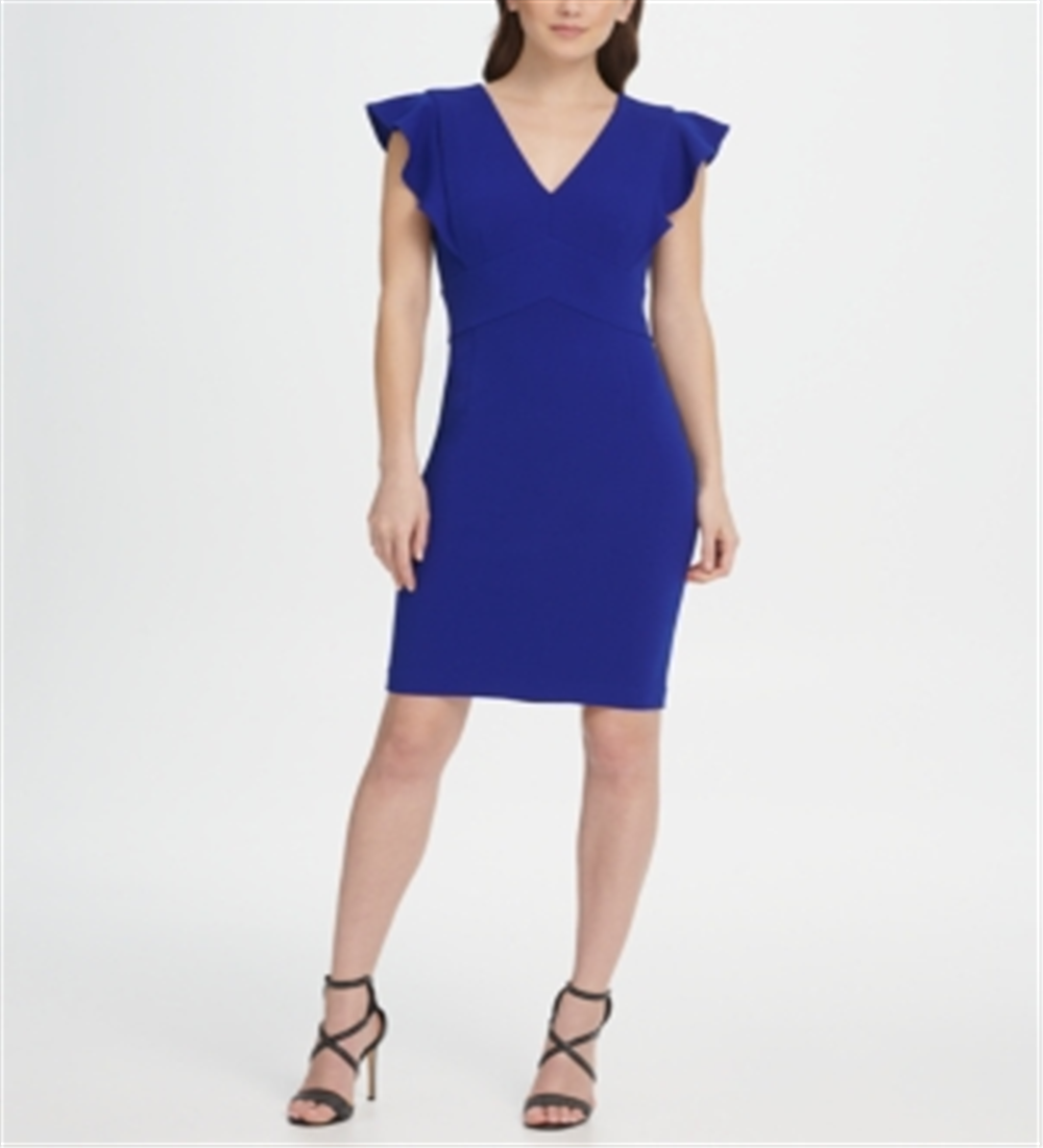 DKNY Women's V Neck Ruffle Cap Sleeve Sheath Dress Blue Size 16