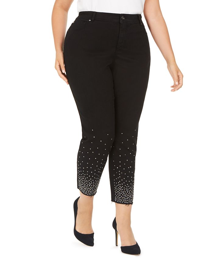 INC International Concepts Women's Plus Embellished Ankle Skinny Jeans Black Size 14