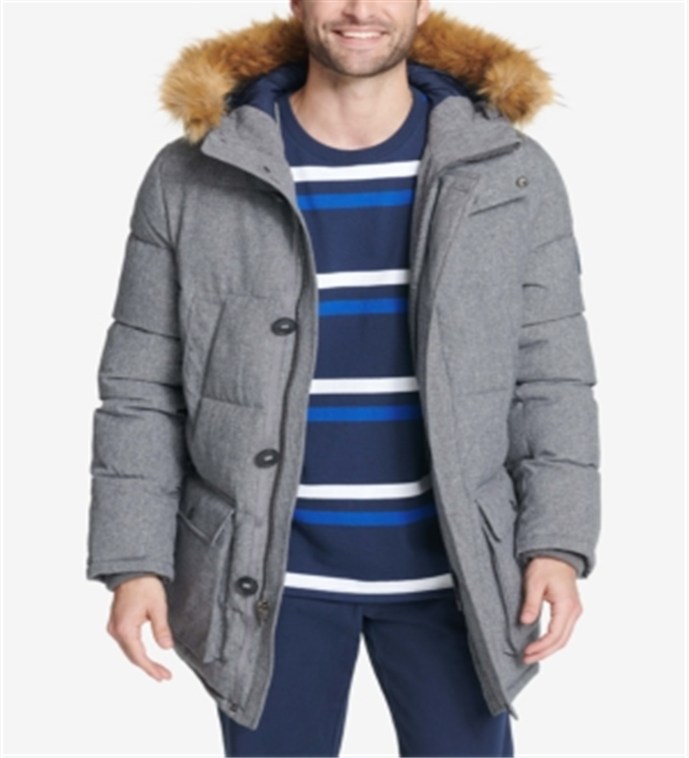 Tommy Hilfiger Men's Long Parka With Faux Fur Hood Gray Size Size Large