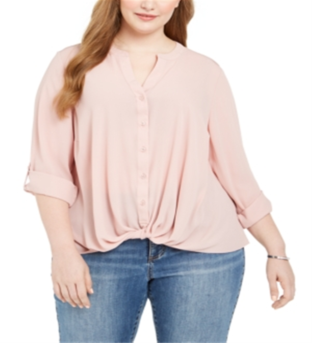 INC International Concepts Women's Roll Tab Long Sleeve Blouse Pink Size 0X