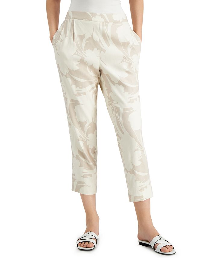 Alfani Women's Linen Floral Print Ankle Pants Brown Size X-Large