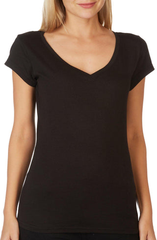 Aveto Women's  Junior's V-Neck Soft Stretch Knit Solid Top Black Size X-Large