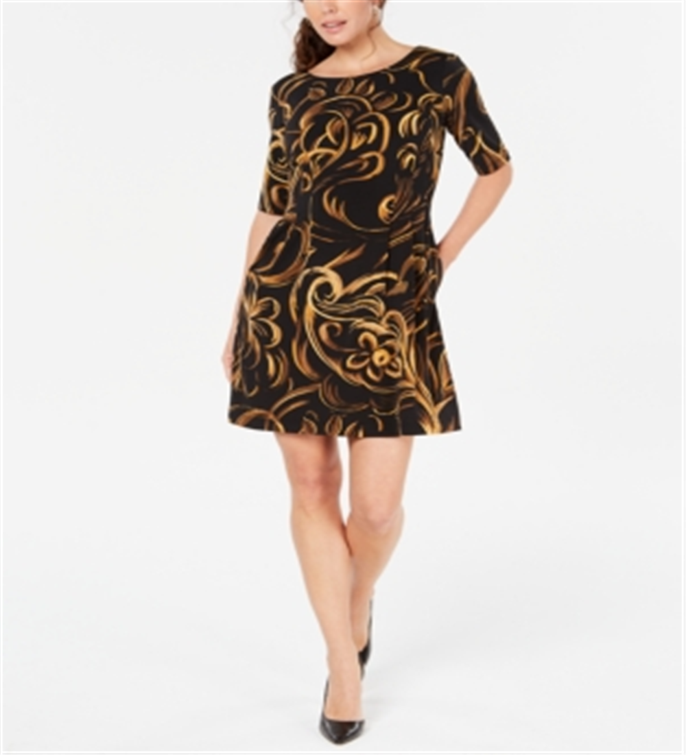 Connected Women's Printed Fit & Flare Dress Black Size 12 Petite