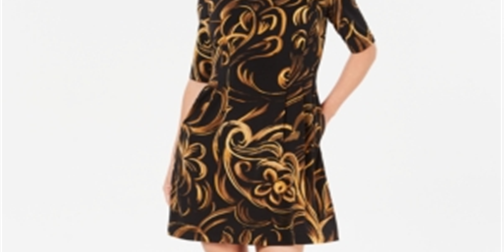 Connected Women's Printed Fit & Flare Dress Black Size 12 Petite