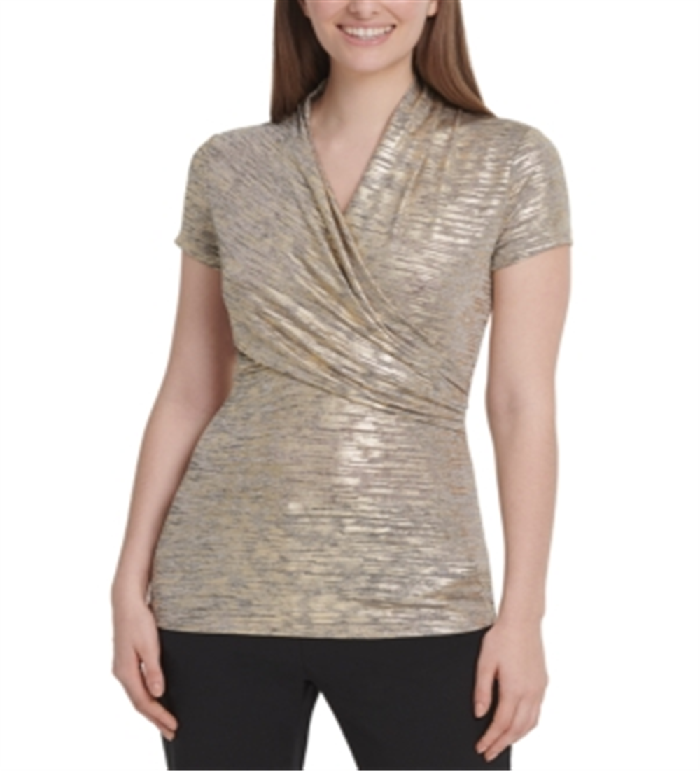 DKNY Women's Foil Knit Side Ruched Top Yellow Size Small