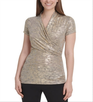 DKNY Women's Foil Knit Side Ruched Top Yellow Size Small