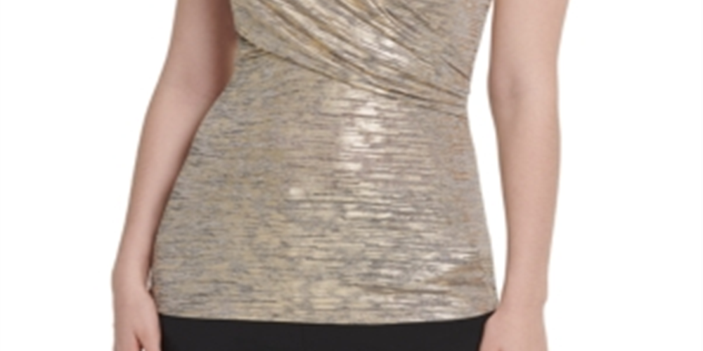 DKNY Women's Foil Knit Side Ruched Top Yellow Size Small