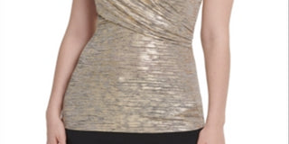 DKNY Women's Foil Knit Side Ruched Top Yellow Size Small