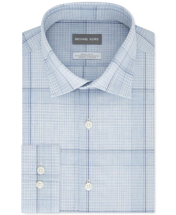 Michael Kors Men's Classic Regular Fit Non Iron Airsoft Performance Stretch Plaid Dress Shirt Blue Size 18.5X34-35