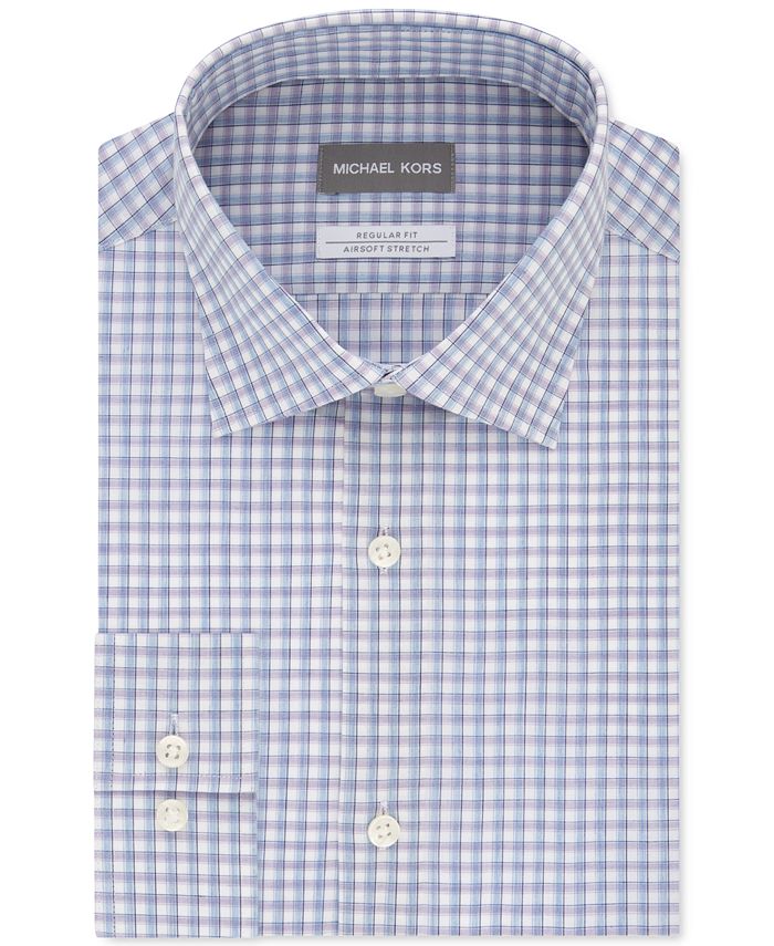 Michael Kors Men's Classic Regular Fit Non Iron Airsoft Performance Stretch Check Dress Shirt Blue Size M