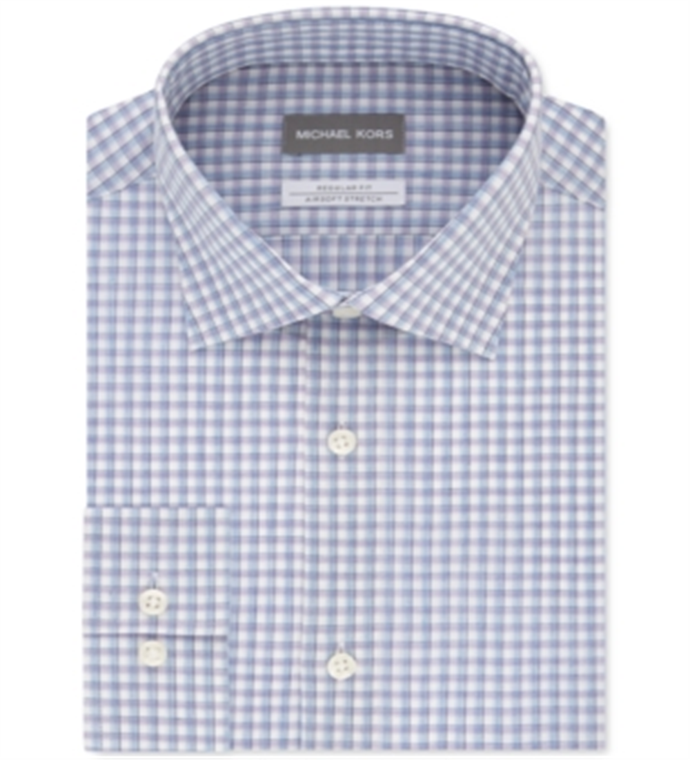 Michael Kors Men's Classic Regular Fit Non Iron Airsoft Performance Stretch Check Dress Shirt Blue Size M