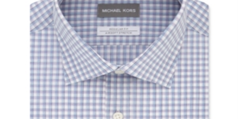 Michael Kors Men's Classic Regular Fit Non Iron Airsoft Performance Stretch Check Dress Shirt Blue Size M