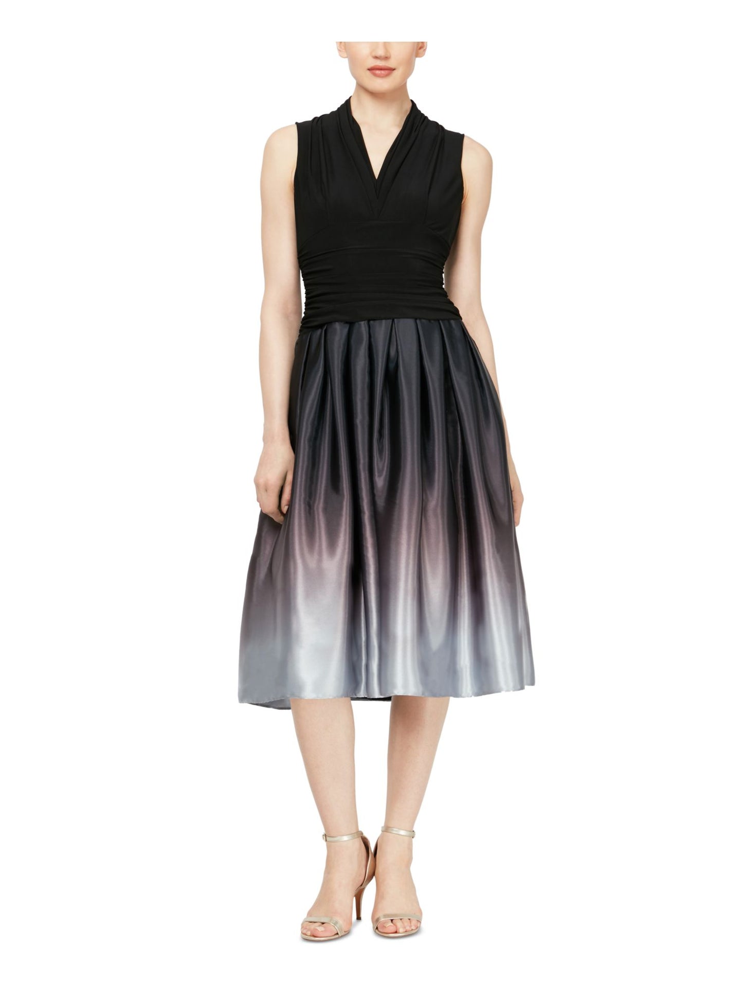 SL Fashions Women's Zippered Ombre Sleeveless V Neck Below the Knee Fit Flare Cocktail Dress Black Size 8