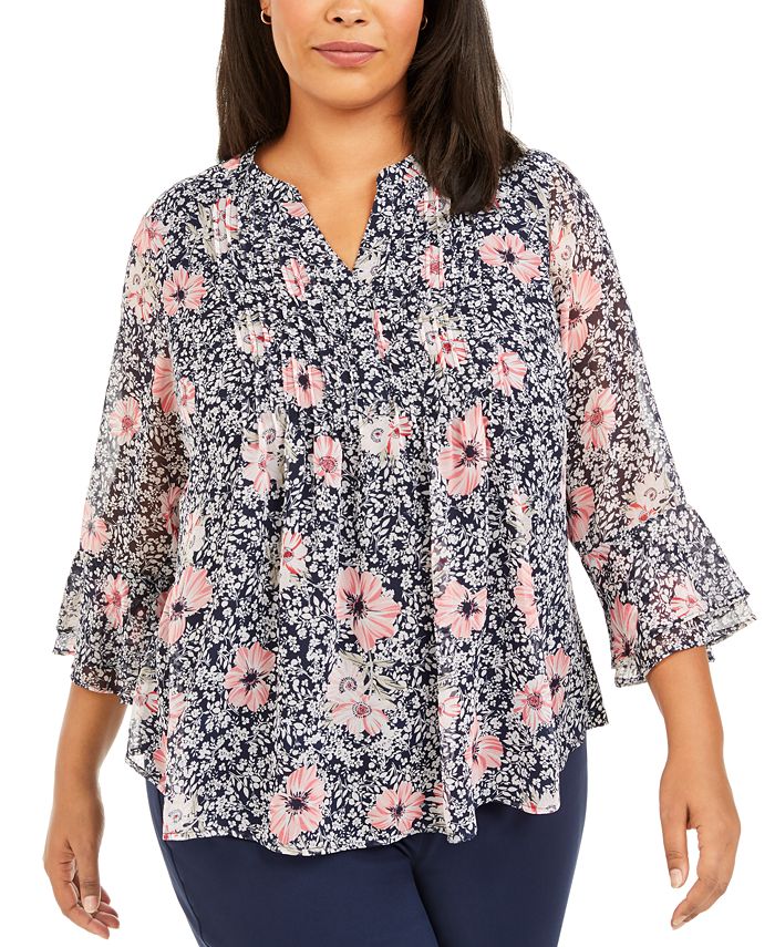 Charter Club Women's Plus Floral Print Pleated Top Blue Size 1X