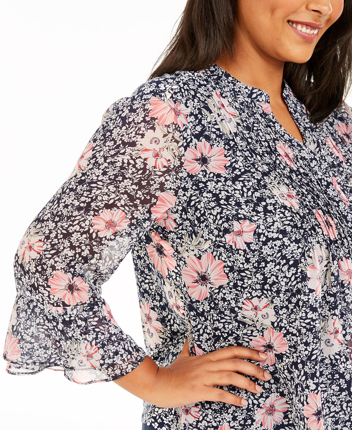 Charter Club Women's Plus Floral Print Pleated Top Blue Size 1X